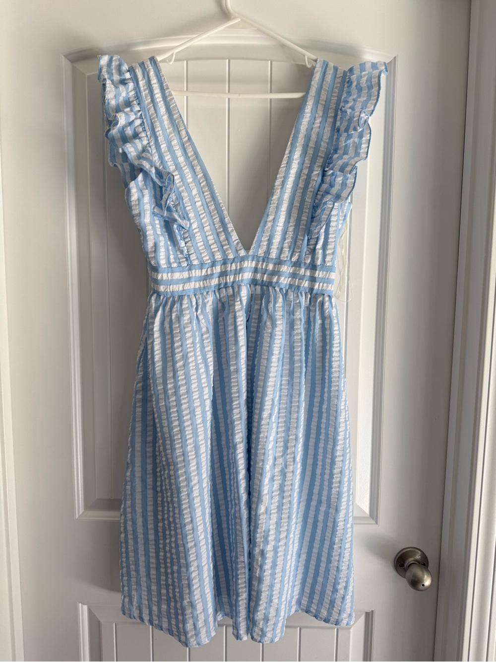 Pink Lily Light Blue & White Striped Ruffle V-Neck Mini Dress
